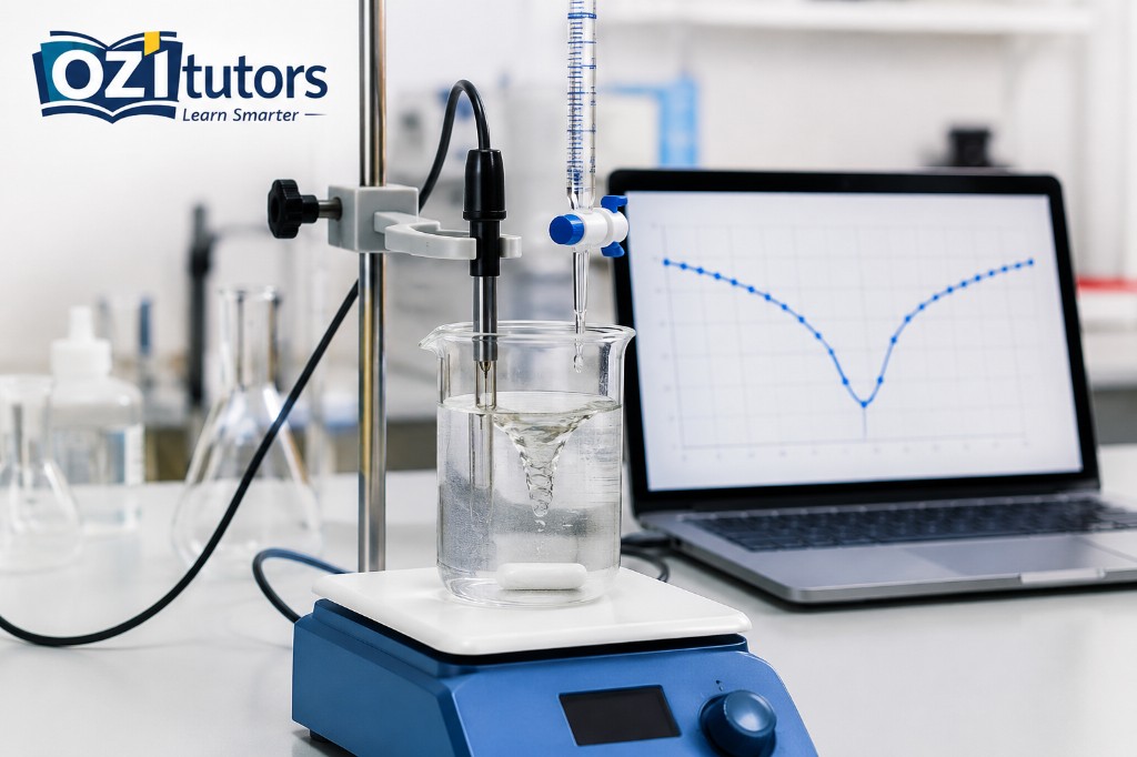 Conductometric titration setup with stirrer, conductivity probe, burette, and V-shaped conductivity curve on a laptop