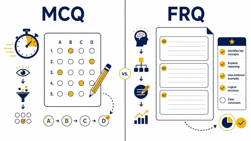 Infographic comparing MCQ speed and elimination skills with FRQ explanation and rubric scoring