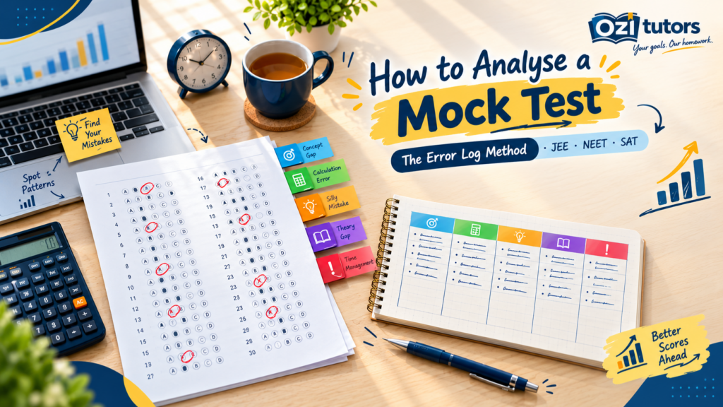 Student’s desk with a marked mock test answer sheet, five colour-coded mistake tabs and an error log notebook, showing how to analyse a mock test.