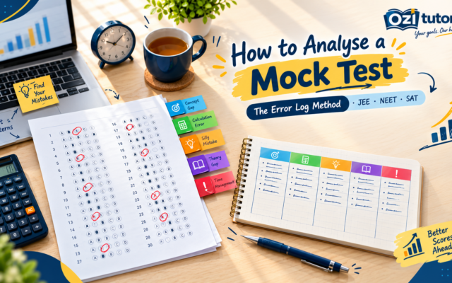 Student’s desk with a marked mock test answer sheet, five colour-coded mistake tabs and an error log notebook, showing how to analyse a mock test.
