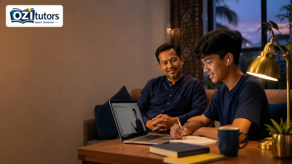 Malaysian father and son in a home online tutoring session for IGCSE and A Level with laptop video call