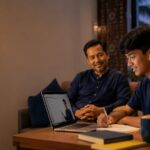 Malaysian father and son in a home online tutoring session for IGCSE and A Level with laptop video call