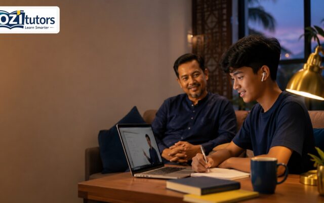 Malaysian father and son in a home online tutoring session for IGCSE and A Level with laptop video call