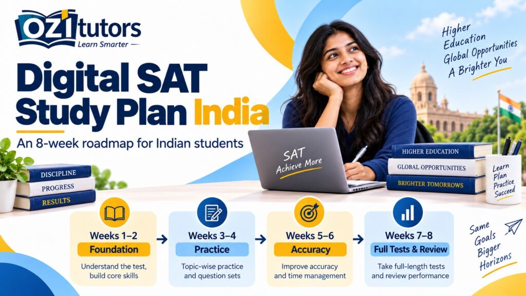 OziTutors 8-week Digital SAT study plan for Indian students, covering foundation, practice, accuracy, and full tests with review.