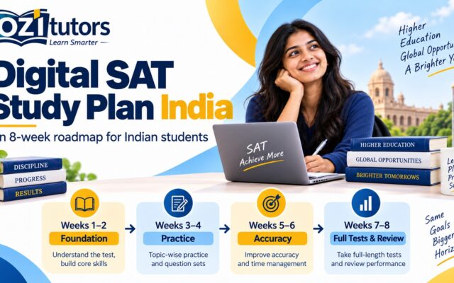 OziTutors 8-week Digital SAT study plan for Indian students, covering foundation, practice, accuracy, and full tests with review.