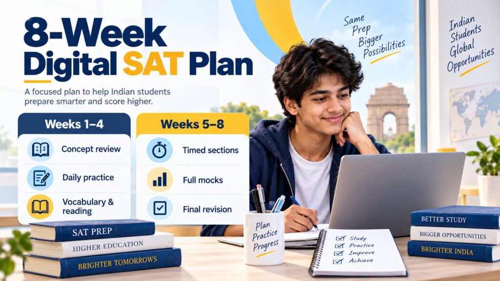 Eight-week Digital SAT study plan for Indian students with weeks 1 to 4 focused on concepts and practice and weeks 5 to 8 on timed sections, mocks, and revision.
