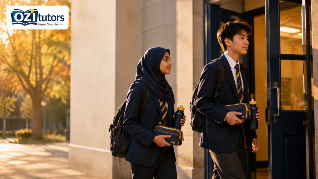Two students in navy uniforms walking toward a Cambridge IGCSE and A Level exam hall for the October November 2026 series