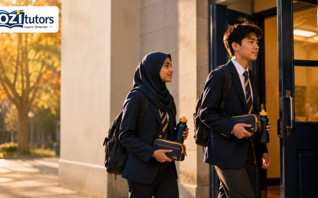 Two students in navy uniforms walking toward a Cambridge IGCSE and A Level exam hall for the October November 2026 series