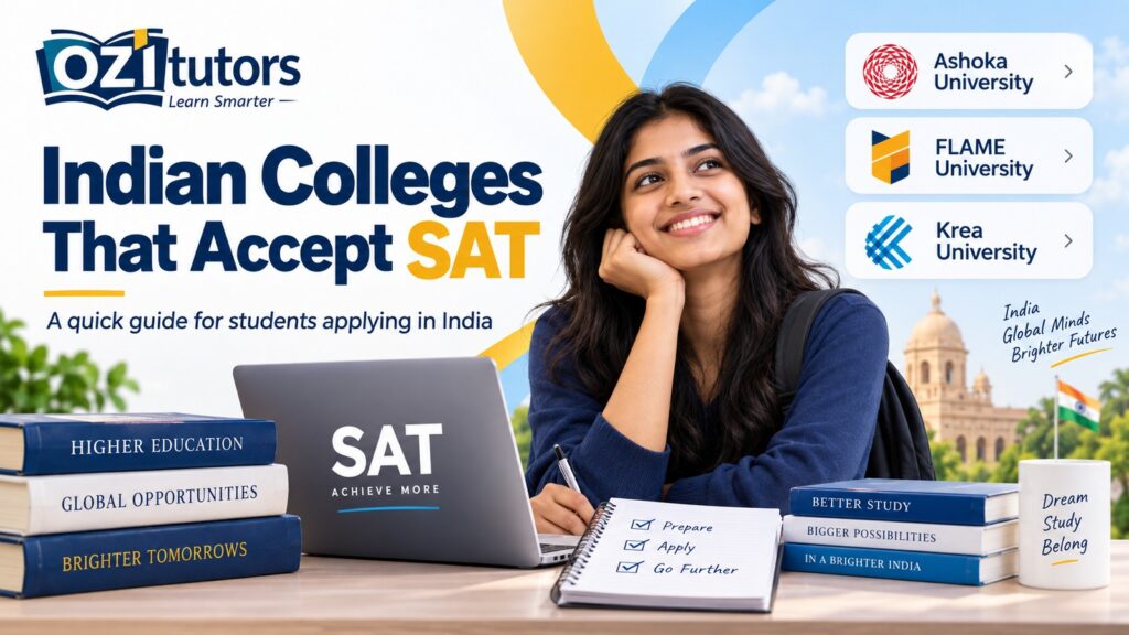 OziTutors guide to Indian colleges that accept SAT, featuring an Indian student and references to Ashoka University, FLAME University, and Krea University.
