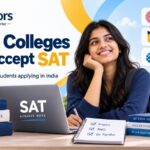 OziTutors guide to Indian colleges that accept SAT, featuring an Indian student and references to Ashoka University, FLAME University, and Krea University.