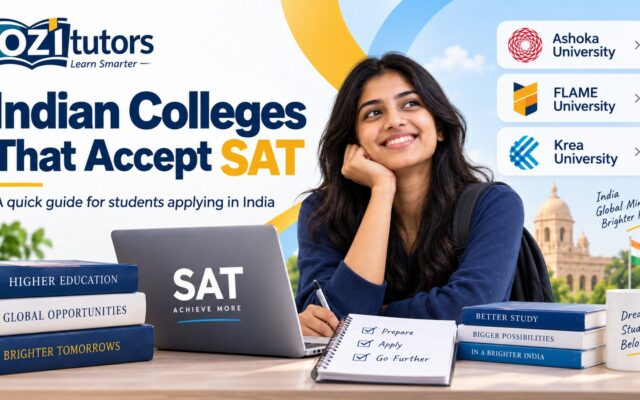 OziTutors guide to Indian colleges that accept SAT, featuring an Indian student and references to Ashoka University, FLAME University, and Krea University.