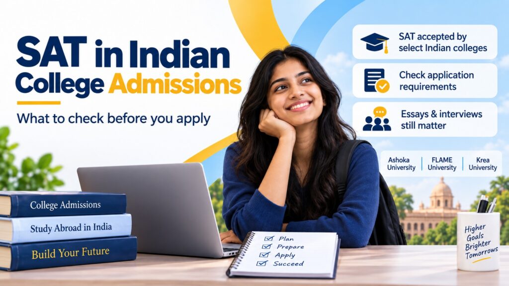 Indian student reviewing SAT college admissions with reminders to check SAT acceptance, application requirements, essays, and interviews.