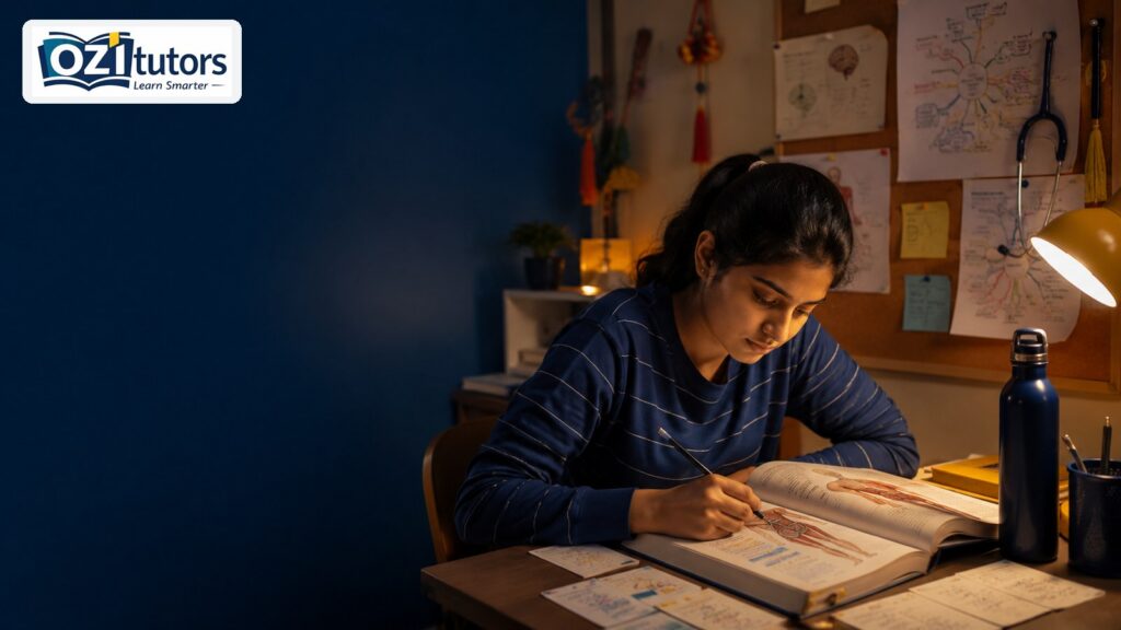 Indian student studying biology for NEET 2027 with NCERT textbook, mind maps and flashcards
