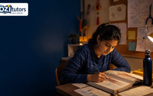 Indian student studying biology for NEET 2027 with NCERT textbook, mind maps and flashcards