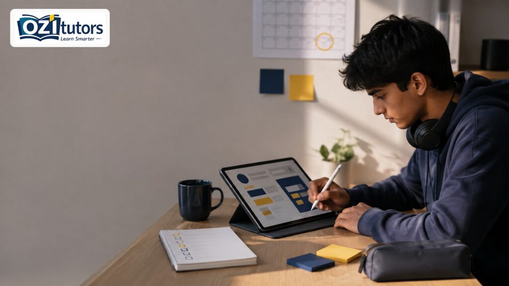 Student at a desk preparing for the SAT October 2026 test with tablet, checklist and study calendar