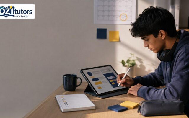 Student at a desk preparing for the SAT October 2026 test with tablet, checklist and study calendar