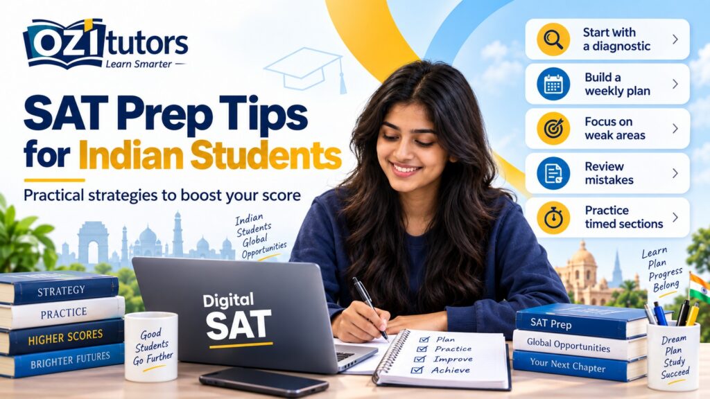 OziTutors SAT prep tips for Indian students, showing a student studying with a Digital SAT laptop and five preparation strategies.