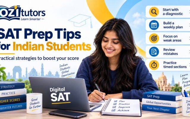 OziTutors SAT prep tips for Indian students, showing a student studying with a Digital SAT laptop and five preparation strategies.