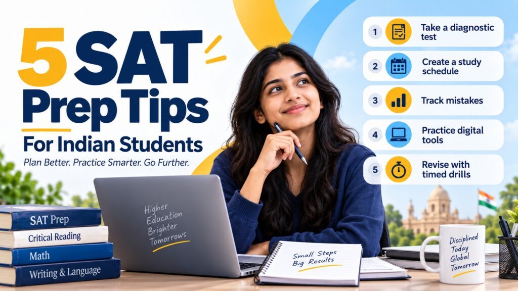 Five SAT preparation tips for Indian students: take a diagnostic, create a study schedule, track mistakes, practice digital tools, and use timed drills.