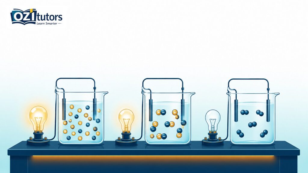 Chemistry diagram of three beakers with light bulbs showing strong, weak and non-electrolyte conductivity