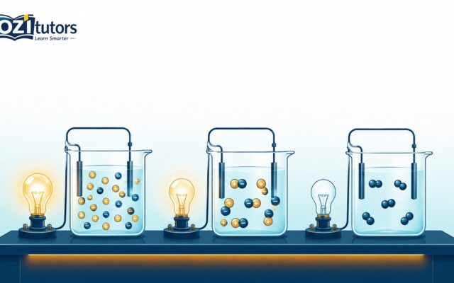 Chemistry diagram of three beakers with light bulbs showing strong, weak and non-electrolyte conductivity