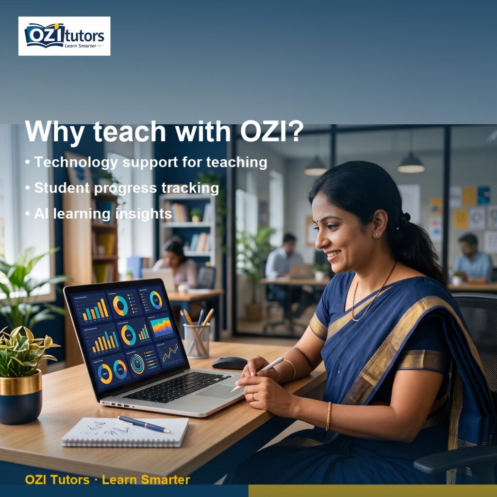 Indian teacher using OZI Tutors online tutoring platform with student progress dashboard and live class tools