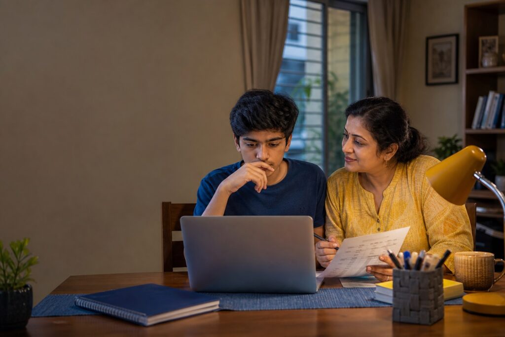 Indian parent and student comparing a local tuition centre near me with online 1:1 tutoring options