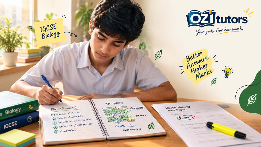 A simple method to write clear, mark-scoring long answers in IGCSE biology, with command words, structure and a worked example.
