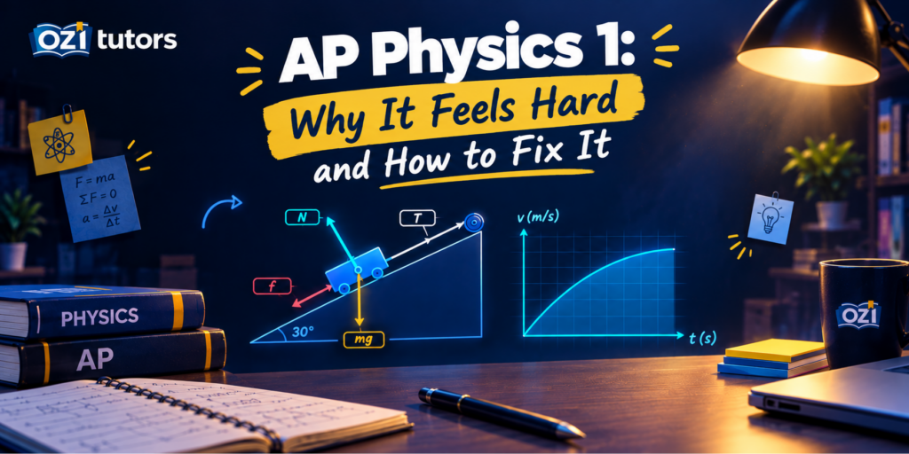 AP Physics 1 study guide featuring free-body diagrams, an inclined plane, a velocity-time graph, and study materials on a desk.