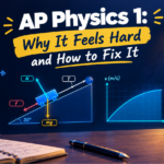 AP Physics 1 study guide featuring free-body diagrams, an inclined plane, a velocity-time graph, and study materials on a desk.