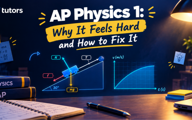 AP Physics 1 study guide featuring free-body diagrams, an inclined plane, a velocity-time graph, and study materials on a desk.