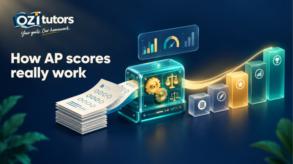 Exam papers flowing through a glowing scoring machine and ending on a five-step staircase with the third step lit
