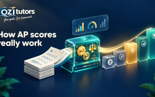 Exam papers flowing through a glowing scoring machine and ending on a five-step staircase with the third step lit