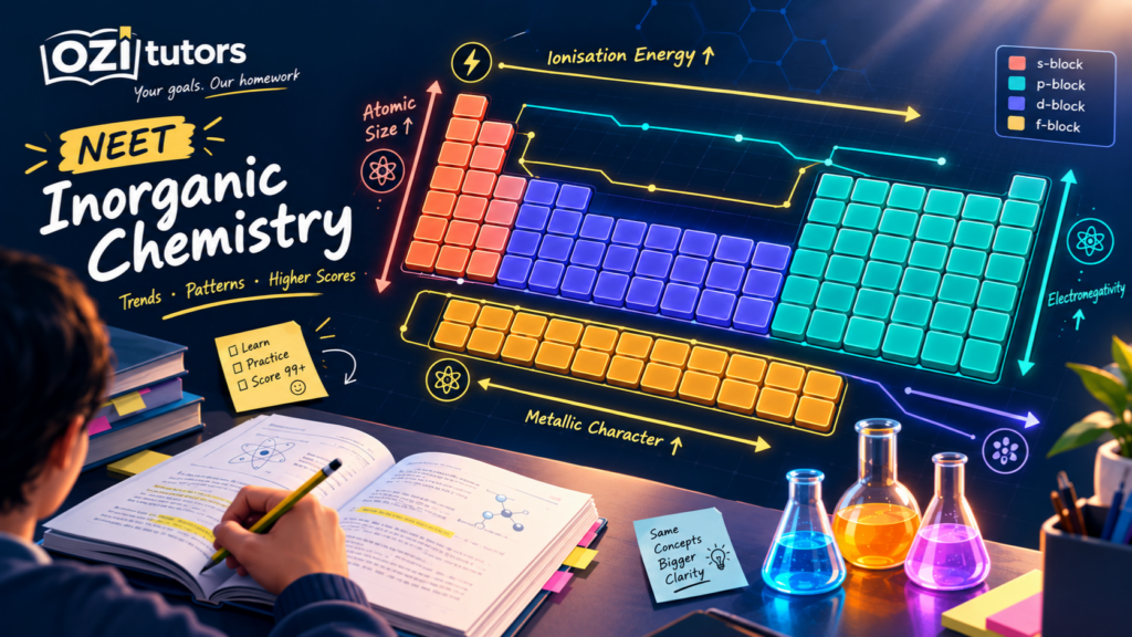 NEET inorganic chemistry study guide showing a student learning periodic trends, colour-coded periodic table blocks, NCERT notes, and chemistry study materials