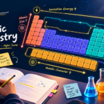 NEET inorganic chemistry study guide showing a student learning periodic trends, colour-coded periodic table blocks, NCERT notes, and chemistry study materials