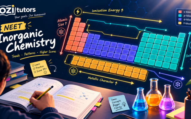 NEET inorganic chemistry study guide showing a student learning periodic trends, colour-coded periodic table blocks, NCERT notes, and chemistry study materials