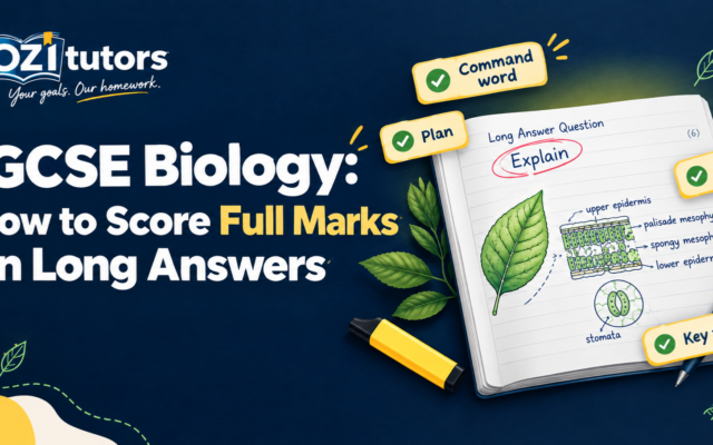 OziTutors IGCSE Biology guide showing how to score full marks on long-answer questions with a biology diagram and exam planning tips.