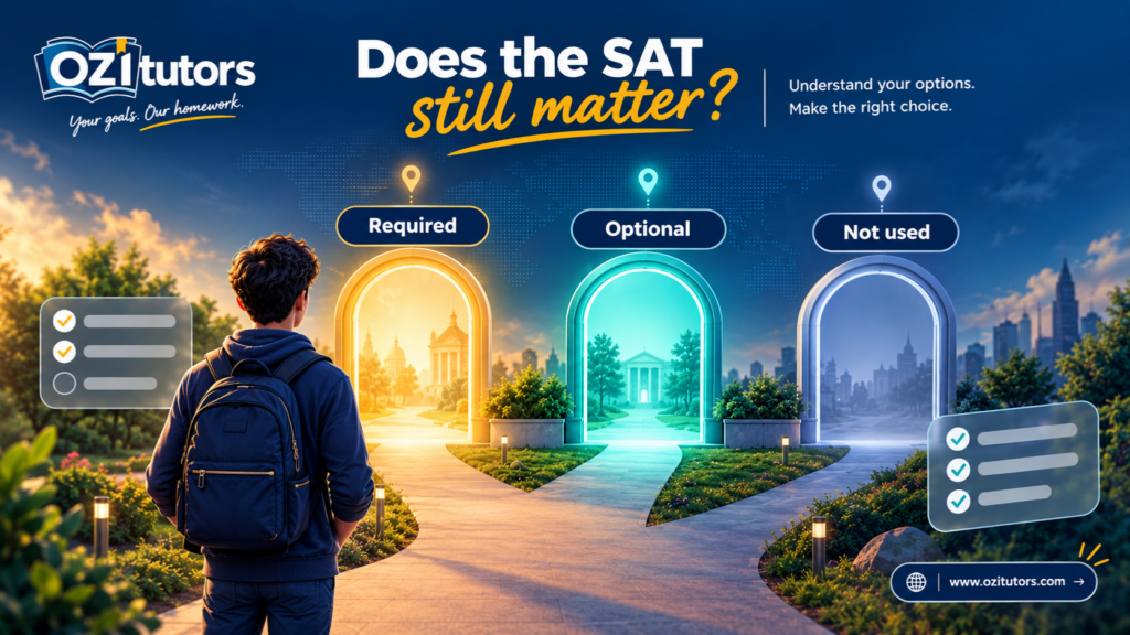Illustration of a student standing before three glowing doorways marked required, optional and not used.