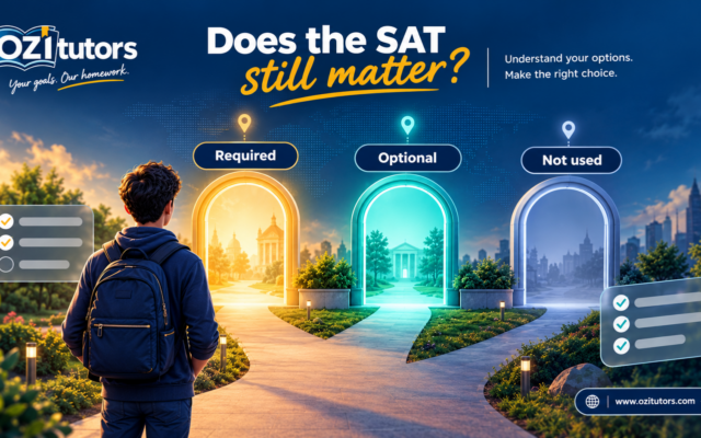 Illustration of a student standing before three glowing doorways marked required, optional and not used.
